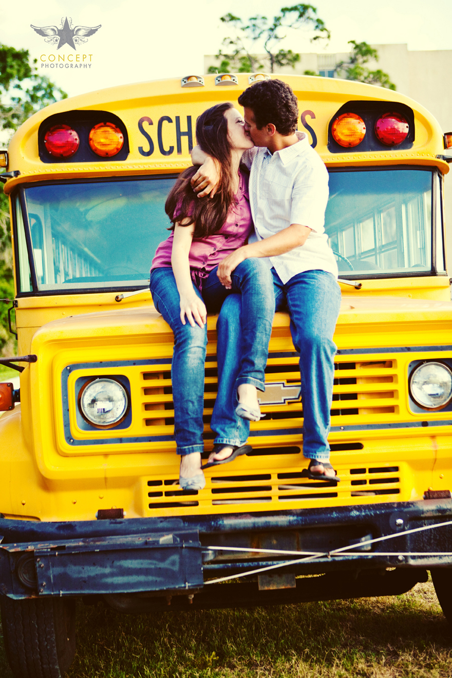 Fun School Bus Engagement Session Concept Photography